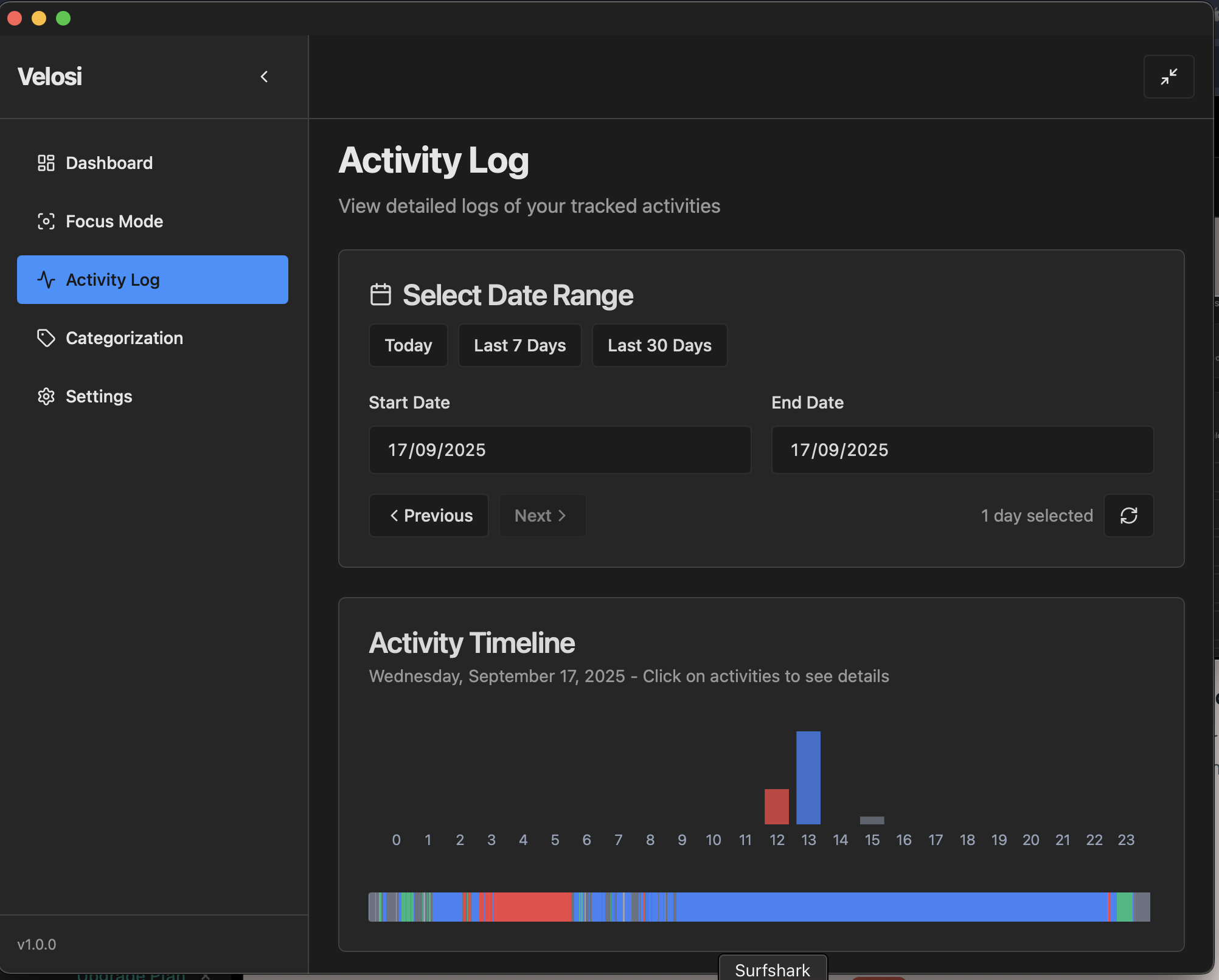 Velosi Activity Log with detailed timeline and date range selection
