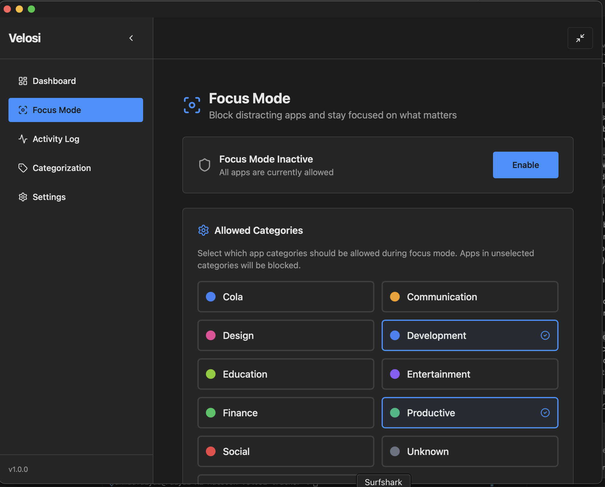 Velosi Focus Mode with app category controls
